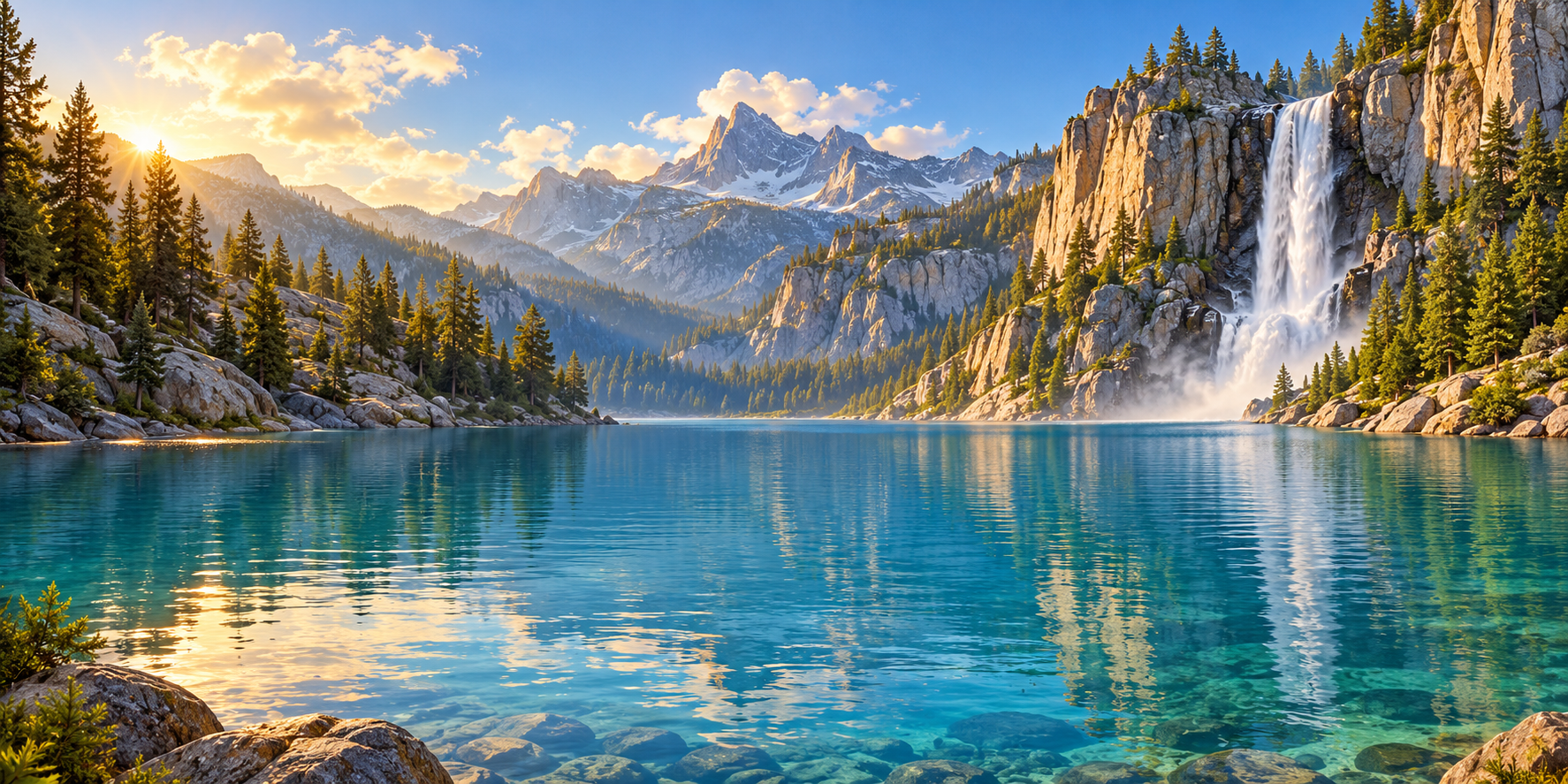 Illustrated alpine waterfall and lake landscape